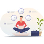 Man in casual using laptop. Freelancer sitting in lotus position, clock, briefcase. Time management concept. Vector illustration for presentation slide template or website design